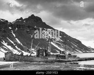 Image en noir et blanc du baleinier échoué Albatros par les restes de la jetée Harpoon, Grytviken, Géorgie du Sud. Mount Duse est en arrière-plan. Banque D'Images