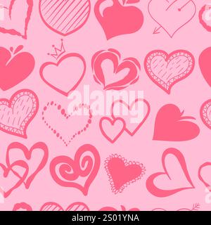 Doodle Red Hearts motif sans couture. Symboles abstraits romantiques. Love Elements. Imprimé rose répété. Affiches dessinées à la main pour la Saint-Valentin. Romance et passio Illustration de Vecteur
