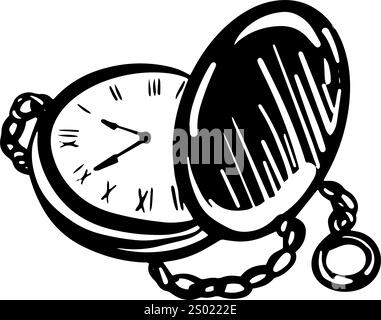 Illustration de montre de poche. Dessin vectoriel d'une horloge antique sur un fond isolé. Dessin linéaire peint aux encres noires. Illustration de Vecteur