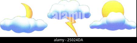 Nuages de points demi-teintes colorés. Soleil nuageux et la foudre de lune ensemble illustration vectorielle isolée Illustration de Vecteur