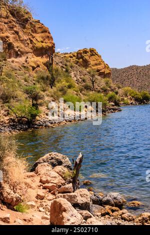 Un rivage rocheux avec un plan d'eau en arrière-plan. L'eau est calme et les rochers sont dispersés autour du rivage Banque D'Images