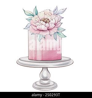 Les teintes douces se mélangent harmonieusement comme un gâteau magnifiquement conçu présente d'élégantes fleurs de pivoine roses sur un stand classique, créant une charmante pièce maîtresse Illustration de Vecteur