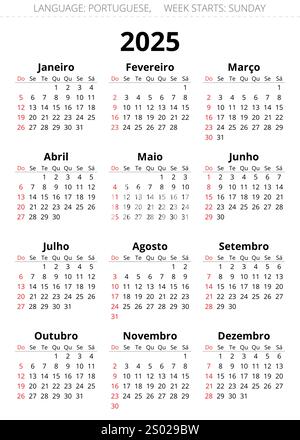 Calendrier PORTUGAIS pour l'année 2025. Illustration vectorielle imprimable pour le Portugal. La semaine commence dimanche Illustration de Vecteur