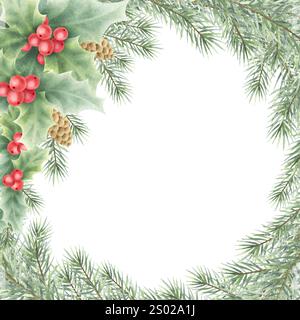 houx de Noël, baies, branches d'épinette verte et cônes. Aquarelle dessinée à la main isolé illustration festive brindilles de sapin. Cadre carré avec espace de copie pour le texte pour les modèles de vœux du nouvel an. Banque D'Images