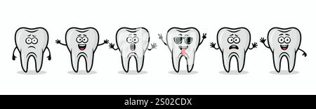 Adorable personnages Tooth montrant différentes émotions. Illustration de dents vectorielles plates - expressions heureuses, excitées, tristes, effrayées. Conception mignonne des dents Illustration de Vecteur