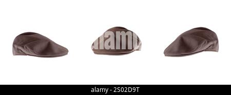 Casquette plate marron dans trois angles différents sur fond blanc, parfaite pour les photos de stock de mode et d'accessoires. Banque D'Images