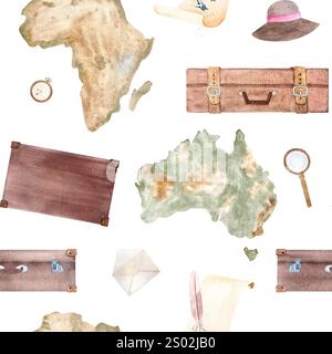 Valises, parchemin avec Australie, carte Afrique, chapeau de soleil, loupe aquarelle motif sans couture isolé sur blanc. Dessiné à la main pour stationnaire Banque D'Images