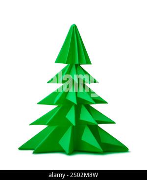 gros plan de pin origami vert fond blanc isolé, carte élégante, décoration saisonnière artisanale minimaliste en papier Banque D'Images