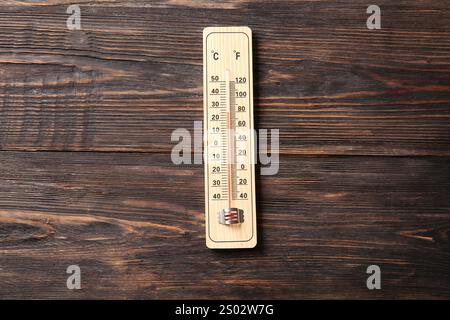 Thermomètre météo sur fond de bois foncé Banque D'Images