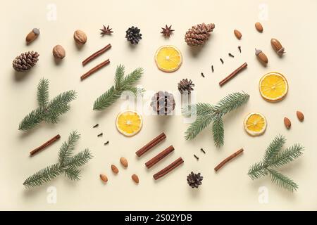 Composition avec des branches de sapin, des épices, des tranches d'orange séchées et des pommes de pin sur fond de couleur Banque D'Images