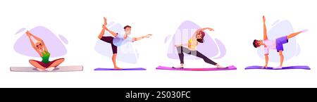 Les personnes pratiquant le yoga stretch poses set - personnages de dessins animés démontrant l'équilibre, des exercices de flexibilité sur les tapis. Figurines athlétiques effectuant diverses positions d'entraînement pour la conception de bien-être. Illustration de Vecteur