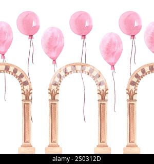 Pierre grec ancien arc classique et ballons roses bordure sans couture isolé sur blanc. Illustration aquarelle d'architecture de haute qualité pour les cartes Banque D'Images