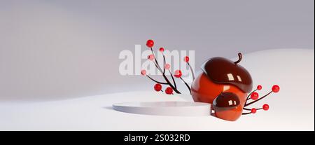 configuration de studio 3d avec podium circulaire blanc, glands brun brillant et baies rouges vives sur des branches sur fond de neige. Plate-forme minimale de présentation des produits d'hiver et modèle de marketing saisonnier. Illustration de Vecteur