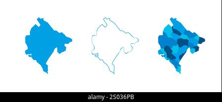 Monténégro ensemble de trois cartes - carte pleine, carte de contour et carte mettant en évidence les divisions administratives. Trois cartes distinctes illustrent diverses représentations d'une zone géographique. Illustration de Vecteur