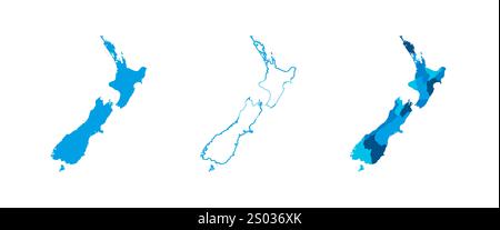 Ensemble de trois cartes de la Nouvelle-Zélande - carte pleine, carte de contour et carte mettant en évidence les divisions administratives. Trois cartes distinctes illustrent diverses représentations d'une zone géographique. Illustration de Vecteur