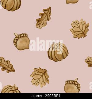 Biscuits au pain d'épices. Feuilles d'automne, citrouille et forme de gland. Croûte feuillue. Motif sans couture de nourriture d'aquarelle sur fond rose pâle pour la conception de boulangerie, Banque D'Images