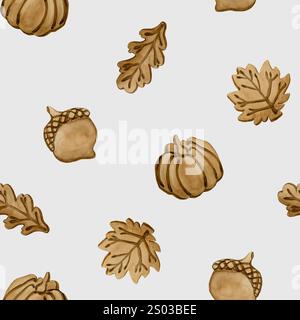 Biscuits au pain d'épices. Feuilles d'automne, citrouille et forme de gland. Croûte feuillue. Motif sans couture de nourriture d'aquarelle sur fond bleu clair pour la conception de boulangerie, Banque D'Images