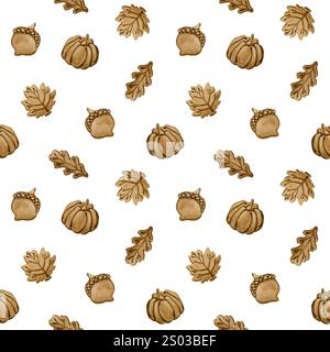 Biscuits au pain d'épices. Feuilles d'automne, citrouille et forme de gland. Croûte feuillue. Motif sans couture de nourriture d'aquarelle sur fond blanc pour la conception de boulangerie, kitc Banque D'Images