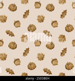 Biscuits au pain d'épices. Feuilles d'automne, citrouille et forme de gland. Croûte feuillue. Motif sans couture de nourriture d'aquarelle sur fond beige pour la conception de boulangerie, kitc Banque D'Images
