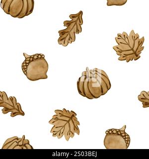 Biscuits au pain d'épices. Feuilles d'automne, citrouille et forme de gland. Croûte feuillue. Motif sans couture de nourriture d'aquarelle sur fond blanc pour la conception de boulangerie, kitc Banque D'Images