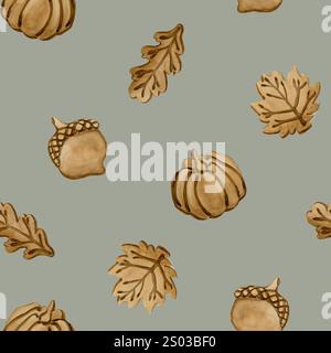 Biscuits au pain d'épices. Feuilles d'automne, citrouille et forme de gland. Croûte feuillue. Motif sans couture de nourriture d'aquarelle sur fond vert de sauge pour la conception de boulangerie, Banque D'Images