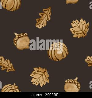 Biscuits au pain d'épices. Feuilles d'automne, citrouille et forme de gland. Croûte feuillue. Motif sans couture de nourriture d'aquarelle sur fond noir foncé pour la conception de boulangerie, Banque D'Images