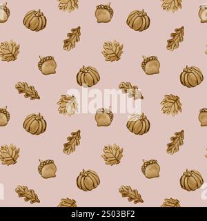 Biscuits au pain d'épices. Feuilles d'automne, citrouille et forme de gland. Croûte feuillue. Motif sans couture de nourriture d'aquarelle sur fond rose pâle pour la conception de boulangerie, Banque D'Images