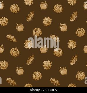 Biscuits au pain d'épices. Feuilles d'automne, citrouille et forme de gland. Croûte feuillue. Motif sans couture de nourriture d'aquarelle sur fond brun foncé pour la conception de boulangerie, Banque D'Images