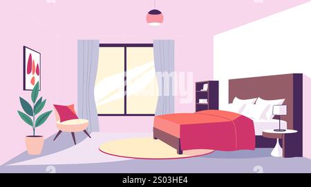 Chambre d'hôtel, chambre avec lit, chaise, lampe, fenêtre Illustration de Vecteur