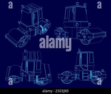 Ensemble de rouleau de vapeur de contour pour asphalte de pavage. Chariot à rouleaux pour travaux routiers. Machine d'asphaltage conception isométrique 3D. Amélioration du revêtement routier sur autoroute Illustration de Vecteur