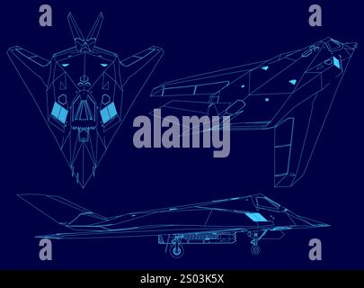 Le dessin de contour bleu d'un avion de chasse est montré. Le jet est représenté sous différents angles, y compris l'avant, l'arrière et le côté Illustration de Vecteur