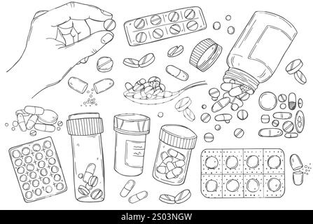 Pilules d'esquisse. Gélules, pilules et comprimés en plaquettes thermoformées. Illustration médicale dessinée à la main. Illustration de Vecteur