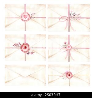 Illustration aquarelle avec des enveloppes, des fleurs, des sceaux de cire, des rubans et des éléments décoratifs dans des couleurs pastel délicates, parfait pour concevoir des cartes, des invitations de mariage et d'autres projets créatifs. Banque D'Images