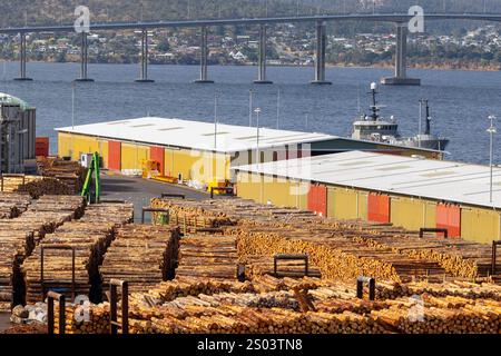 Hobart Tasmanie, les fournitures forestières de bois prêtes à l'exportation, il n'a pas eu d'option viable à long terme pour des centaines de milliers de tonnes de déchets de bois Banque D'Images