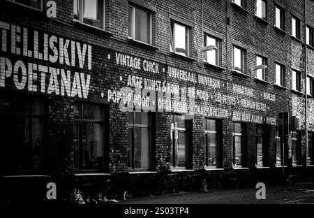 Photographie en noir et blanc d'un mur de briques présentant diverses enseignes artistiques et commerciales. Le mur affiche du texte annonçant des boutiques vintage, pop-up Banque D'Images