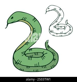 Un serpent dessiné à la main. Le symbole de l'année selon le calendrier chinois. L'année est 2025. Illustration vectorielle, en couleur, pour cartes postales, livres de coloriage pour enfants. Illustration de Vecteur