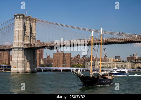 Pont de Brooklyn New york vue sur manhattan depuis la croisière en bateau East River Banque D'Images