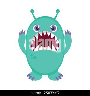 Monstre vert de dessin animé mignon dans un style enfantin avec grande bouche et crocs. Illustration vectorielle Illustration de Vecteur