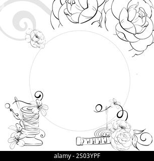 Vintage modèle d'outils de couture - , ciseaux, boutons, épingle, centimètre et mannequin. Cadre circulaire pour la conception avec des fleurs. Vintage old fashion Illustration de Vecteur