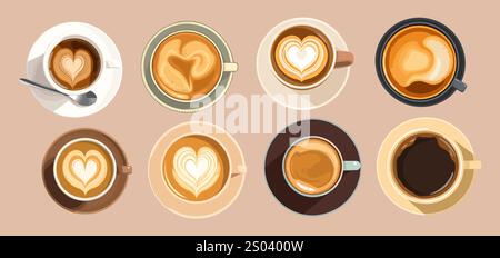 Vue de dessus de l'ensemble de différentes tasses à café. Illustration de Vecteur