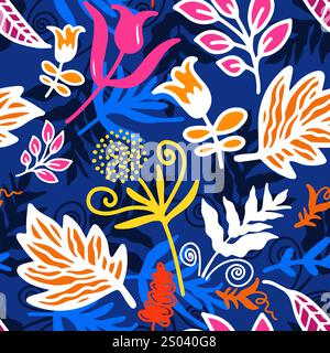 Motif floral exotique moderne. Couleurs vives et colorées. Collage motif sans couture contemporain. Motif de style dessin animé dessiné à la main. Illustration de Vecteur