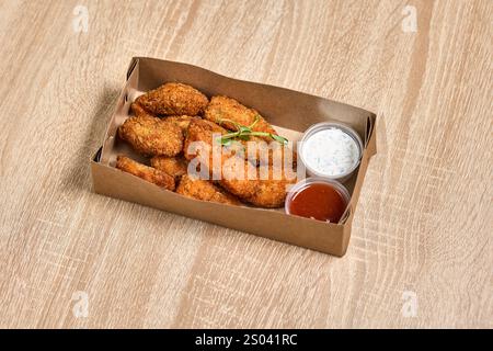 Nuggets de poulet panés avec ketchup et sauce à l'ail dans une boîte à emporter. Banque D'Images