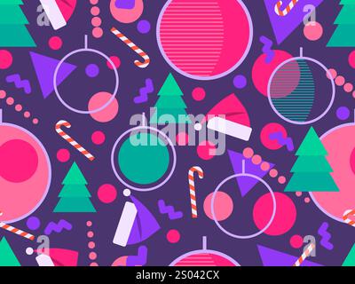 Motif sans couture de Noël avec des formes géométriques dans le style des années 80. Motif festif avec sapins, sucettes, boules de Noël et chapeaux de Père Noël. Conception pour b Illustration de Vecteur
