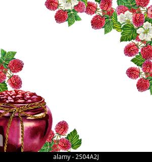 Cadre de framboise et confiture de framboises dans un pot. Illustration d'aquarelle faite à la main. Mettez-le en surbrillance. Pour emballages, étiquettes et prospectus. Pour les bannières, affiches, réf Banque D'Images