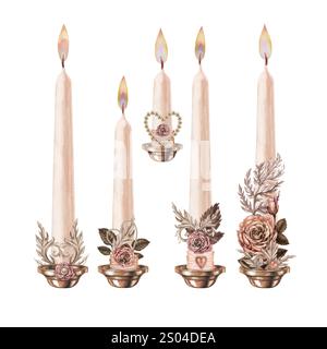 Ensemble de bougies beige rose clair vintage avec une flamme brûlante décorée de bouquets de roses avec un symbole de cœur dans une délicate palette de mousse moka. Banque D'Images