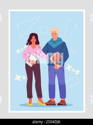 Affiche de retour à l'école. Garçon et fille avec des livres. Éducation, apprentissage et formation. Fête internationale 1er septembre. Élèves. Vecteur plat Illustration de Vecteur