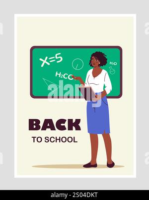 Affiche de retour à l'école. Professeur près du tableau. Éducation, apprentissage et formation. Fête internationale 1er septembre. Leçon ou conférence. Vecteur plat Illustration de Vecteur