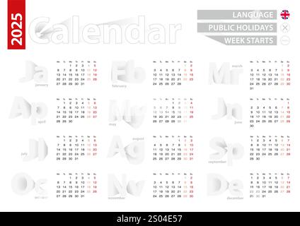 Calendrier pour 2025 année en langue anglaise, calendrier vectoriel gris. Calendrier vectoriel 2025. Illustration de Vecteur