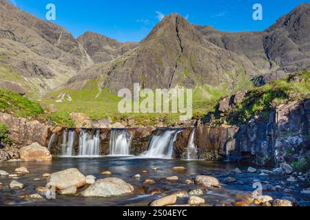 Les Fairy Pools, île de Skye. Photographié un jour à part, d'abord dans une terrible tempête et ensuite dans Brilliant Sunshine. C'est Skye pour toi. Banque D'Images