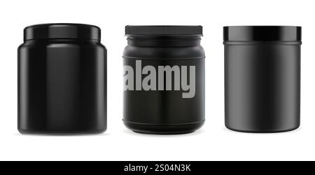 Supplément sport, bcaa, set de bouteilles de protéines de lactosérum. Maquette de bocal en plastique noir. Illustration du conteneur de gain de puissance musculaire. Vitamine PA réaliste de pilule amino Illustration de Vecteur